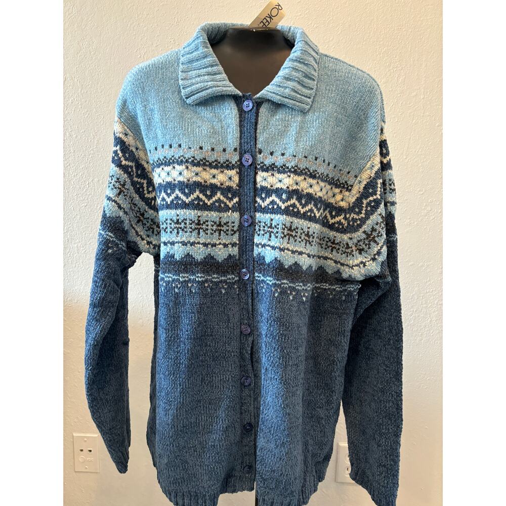 Vintage Y2K Cherokee Chenille Fair Isle Sweater Cardigan Womens Large Blue New